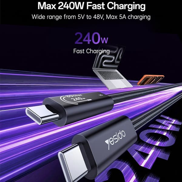 YESIDO 1m Thunderbolt 5 Kabel USB-C - USB-C 240W Svart