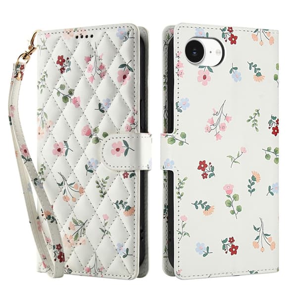 iPhone 17e / 16e Fodral Rhombus Läder Blommor Vit