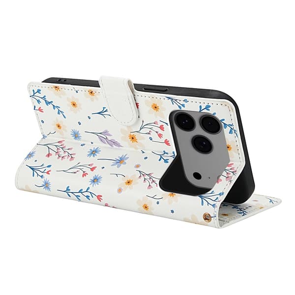 iPhone 17 Pro Fodral Rhombus Läder Blommor Vit