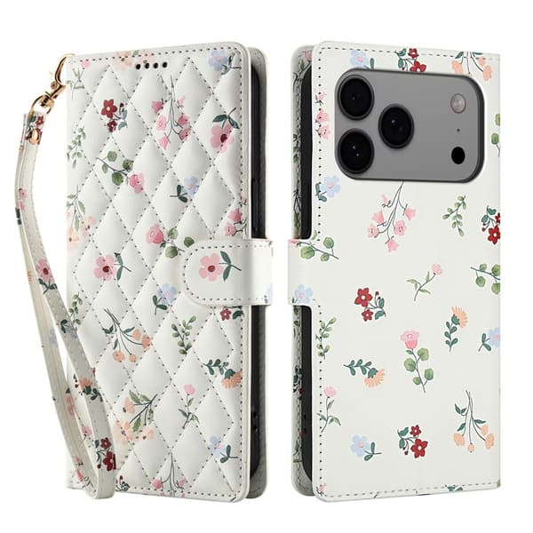iPhone 17 Pro Fodral Rhombus Läder Blommor Vit