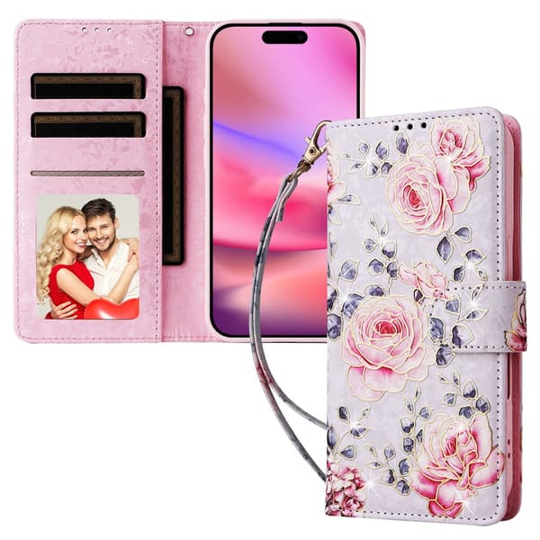 iPhone 16 Fodral RFID Läder Rosa Blommor