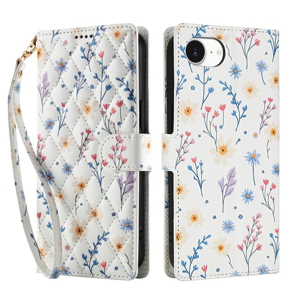 iPhone 17e / 16e Fodral Rhombus Läder Blommor Vit