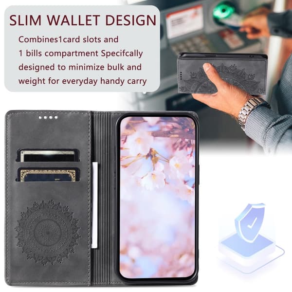 iPhone 17e / 16e Fodral Flip Mandala Läder Grå