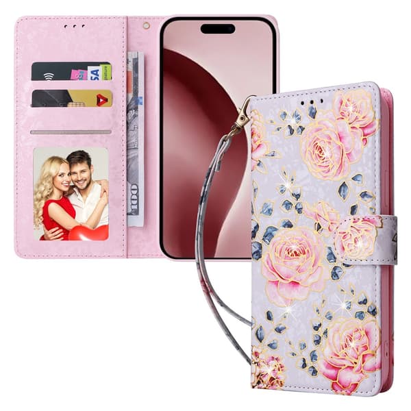 iPhone 16 Pro Fodral RFID Läder Rosa Blommor