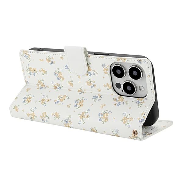 iPhone 16 Pro Fodral Rhombus Läder Blommor Vit