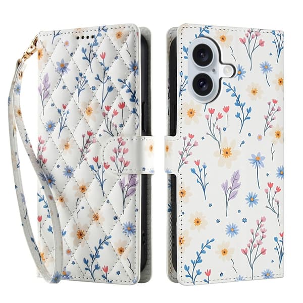 iPhone 16 Fodral Rhombus Läder Blommor Vit