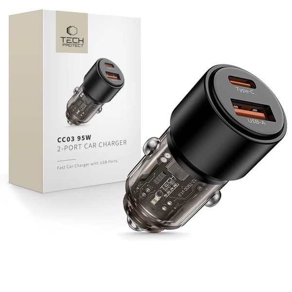 Tech-Protect 95W PD QC Billaddare USB-C / USB-A Svart