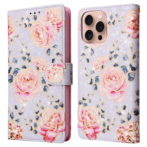 iPhone 16 Pro Fodral RFID Läder Rosa Blommor