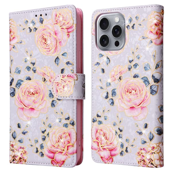 iPhone 16 Pro Max Fodral RFID Läder Rosa Blommor