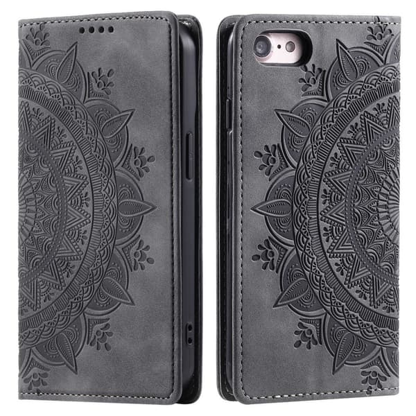 iPhone 17e / 16e Fodral Flip Mandala Läder Grå