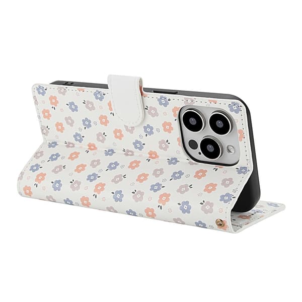 iPhone 16 Pro Max Fodral Rhombus Läder Blommor Vit
