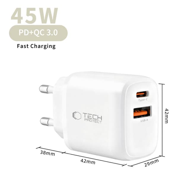 Tech-Protect 45W PD QC3.0 Väggladdare USB-C / USB-A Vit