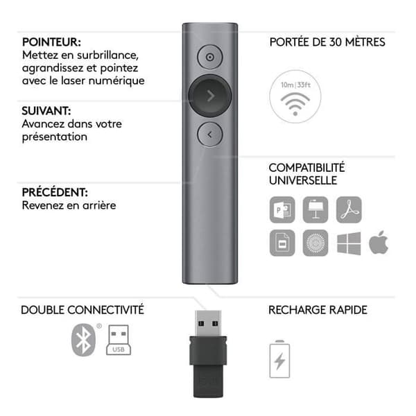 Kohdistin - Logitech - Spotlight - Yhteensopiva Windowsin / Applen / Linuxin kanssa