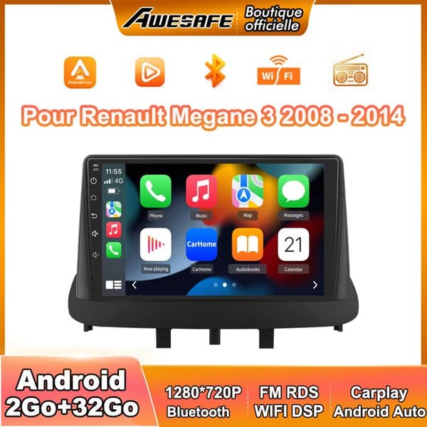 AWESAFE Autoradio Android 13 2Go+32Go til Renault Megane 3 9 Tommer, Carplay Android Auto GPS Bluetooth FM RDS USB WiFi