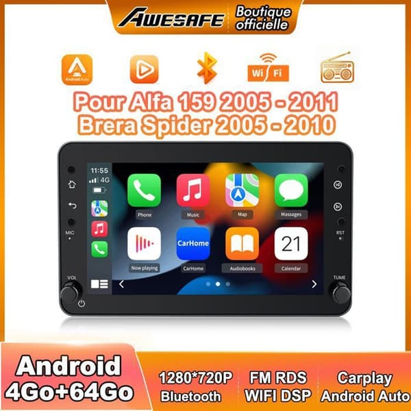 Autoradio Android - AWESAFE - Android 13 4G (4Go+64Go) - 7'' touchscreen - CarPlay/Android Auto - GPS WiFi FM