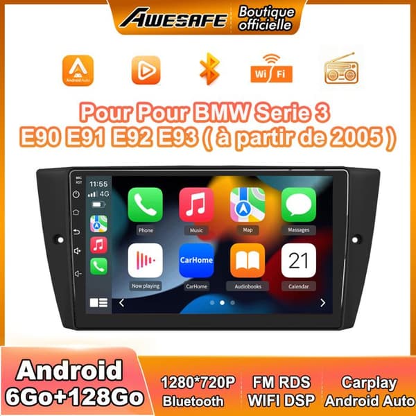 AWESAFE Autoradio Android 13 BMW Series 3 E90 E91 E92 E93: (6Go+128Go) 9'' kosketusnäyttö Carplay GPS Bluetooth Android Auto