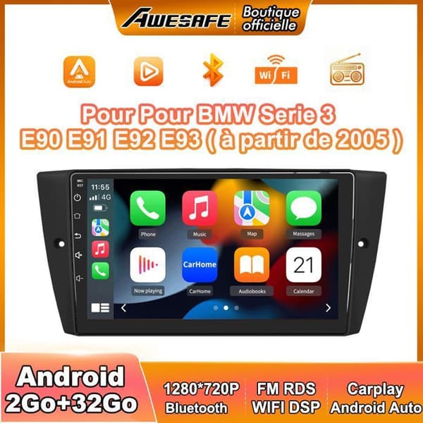 AWESAFE Autoradio Android 13 til BMW Serie 3 E90 E91 E92 E93 2Go+32Go med Carplay GPS WiFi USB SD Bluetooth Android Auto