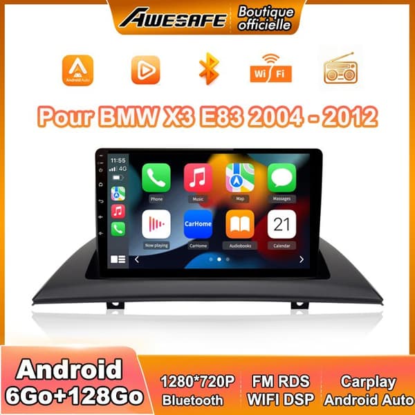 AWESAFE Autoradio Android 13 til BMW X3 E83 (2004-2012) med 6Go+128Go 9'' Touchskærm Carplay GPS Bluetooth Android Auto