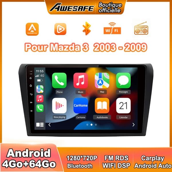 AWESAFE Autoradio Android 13 til Mazda (2003-2009) 4Go+64Go med 9'' Touchskærm Carplay GPS WiFi USB SD Bluetooth Android Auto