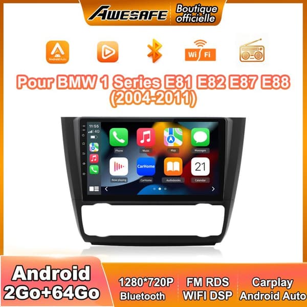AWESAFE Autoradio Android 13 til BMW 1 Series E81 E82 E87 E88 (2004-2011) 2Go+64Go 9'' Touchskærm Carplay Android Auto GPS