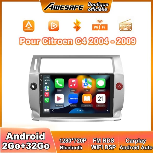 AWESAFE Autoradio Android 2Go+32Go til Citroen C4 (2004-2009) med 9'' Touchskærm Carplay GPS WiFi USB Bluetooth Android Auto
