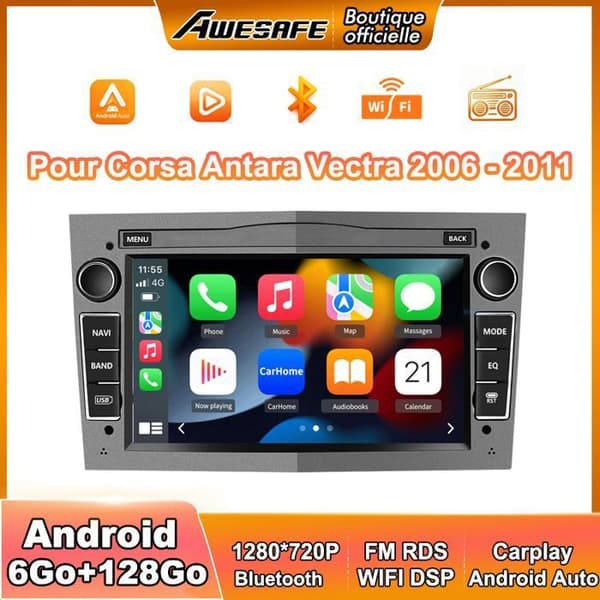 Autoradio Android - AWESAFE - Android 13 6Go+128Go - 7'' Touchskærm - 4G - CarPlay/Android Auto