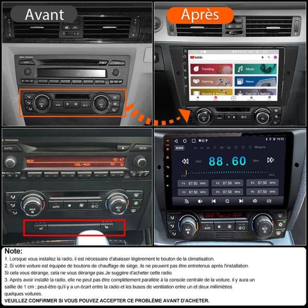 AWESAFE Bilradio Android 13 för BMW Series 3 E90 E91 E92 E93 (2Go+64Go) 9'' Touchskärm Carplay GPS Bluetooth Android Auto
