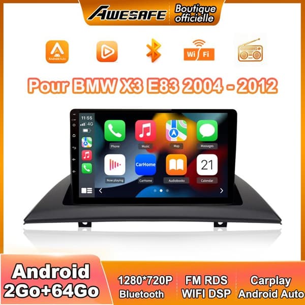 AWESAFE Autoradio Android 13 til BMW X3 E83 (2004-2012) med 2Go+64Go 9'' Touchskærm Carplay GPS Bluetooth Android Auto