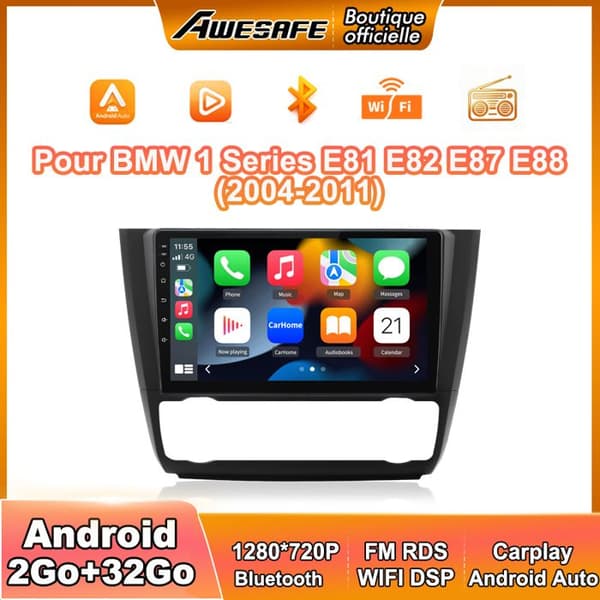 AWESAFE Autoradio Android 13 2Go+32Go til BMW 1 Series E81 E82 E87 E88 (2004-2011) med 9 '' Touchskærm Carplay Android Auto GPS