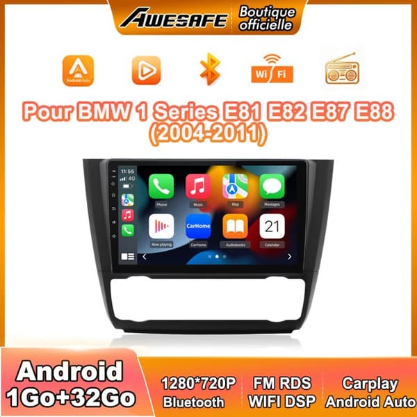 AWESAFE Autoradio Android 13 BMW 1 Sarja E81 E82 E87 E88 (2004-2011) 1Go+32Go 9'' Kosketusnäyttö Carplay Android Auto GPS