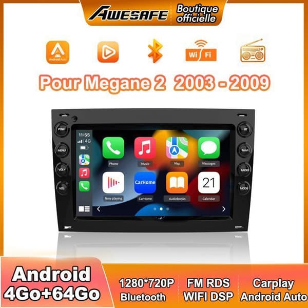 Autoradio Android - AWESAFE - Megane 2 (2003-2009) - Android 13 - 4Go+64Go - 7'' berøringsskærm