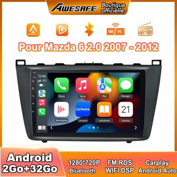 AWESAFE Autoradio Android 13 til Mazda 6 2.0 (2007-2012) 2Go+32Go med 9'' Touchskærm Carplay Android Auto GPS Bluetooth