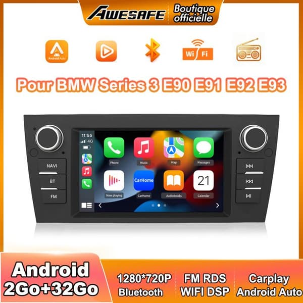 AWESAFE Autoradio Android 13 2Go+32Go BMW Series 3 E90 E91 E92 E93 7'' Kosketusnäyttö GPS Carplay Android Auto Bluetooth