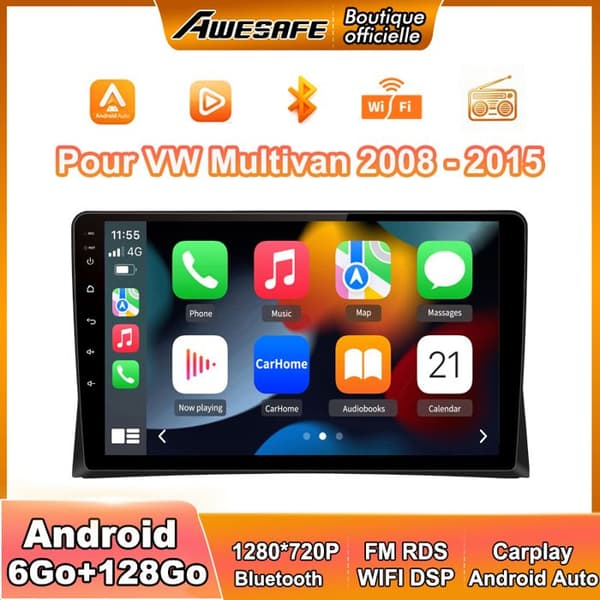 AWESAFE Autoradio 4G Android 13 6Go+128Go til VW Multivan (2008-2015) 9'' Touchskærm med Carplay GPS Bluetooth Android Auto