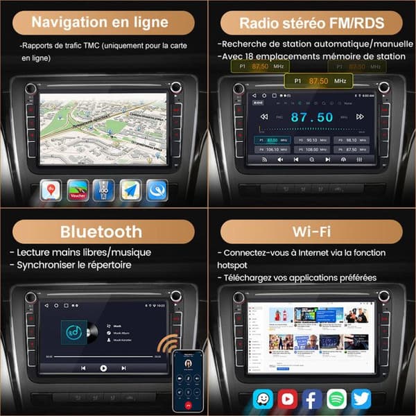 Bilstereo Android - AWESAFE - Android 13 - Skärm 8'' - 1Go+32Go - CarPlay/Android Auto