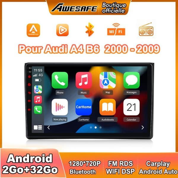 AWESAFE Autoradio Android 13 2Go+32Go til Audi A4 B6 (2000-2009) 9'' Touchskærm med Carplay GPS Bluetooth Android Auto