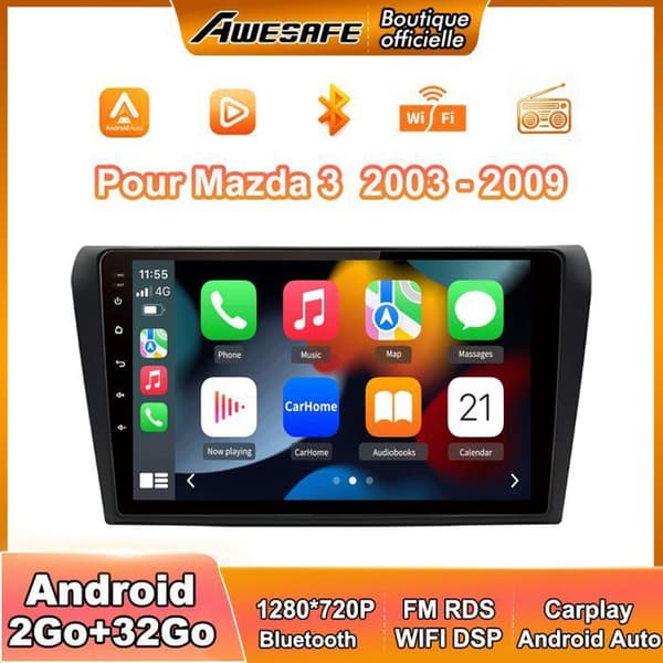 AWESAFE Autoradio Android 13 Mazda 2003-2009 2Go+32Go Carplay GPS WiFi USB SD Bluetooth Android Auto