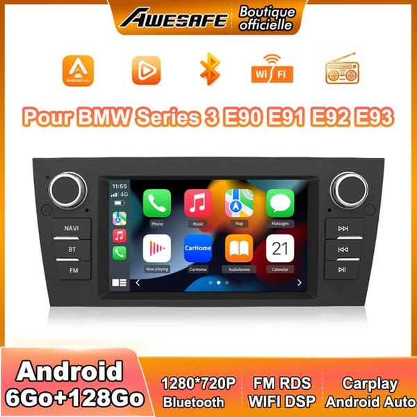 AWESAFE 4G Autoradio Android 13 BMW Series 3 E90 E91 E92 E93: 6Go+128Go, 7'' Kosketusnäyttö, Carplay, Android Auto, Bluetooth