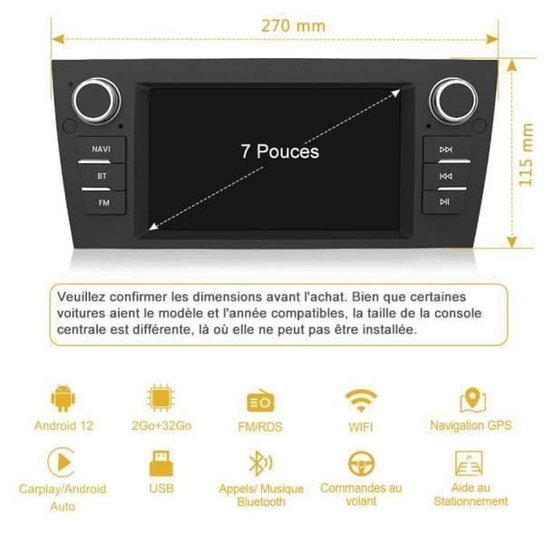 AWESAFE Autoradio Android 13 2Go+32Go för BMW Series 3 E90 E91 E92 E93 7'' Pekskärm med GPS Carplay Android Auto Bluetooth