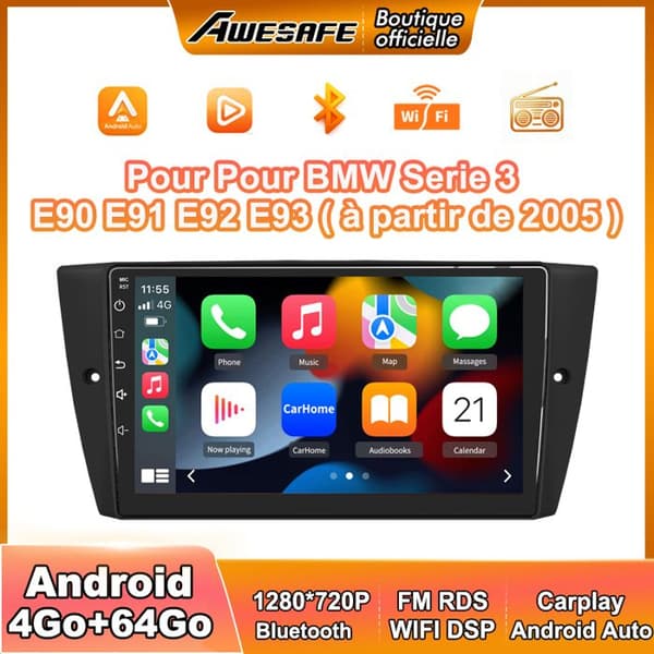 AWESAFE Autoradio Android 13 til BMW Serie 3 E90 E91 E92 E93 (4Go+64Go) 9'' Touchskærm Carplay GPS Bluetooth Android Auto