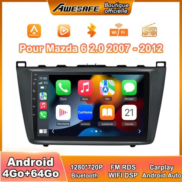 AWESAFE Autoradio Android 13 til Mazda 6 2.0 (2007-2012) 4Go+64Go med 9'' Touchskærm Carplay Android Auto GPS Bluetooth