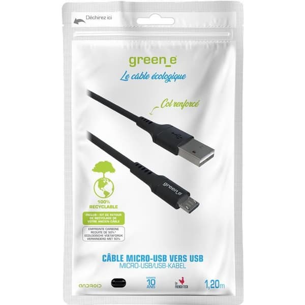 GREEN_E Micro USB-kabel med klämma - 1,2 m - Svart