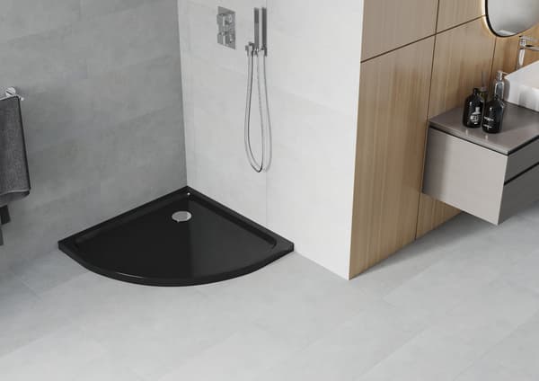 Mexen Flat halvcirkelformet slim brusekar 70 x 70 cm, sort, forkromet afløb - 41707070