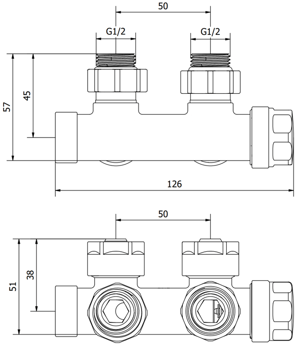 Mexen Uni-Term vinkelradiatorventil, Duplex, DN50, vit - W907-000-20