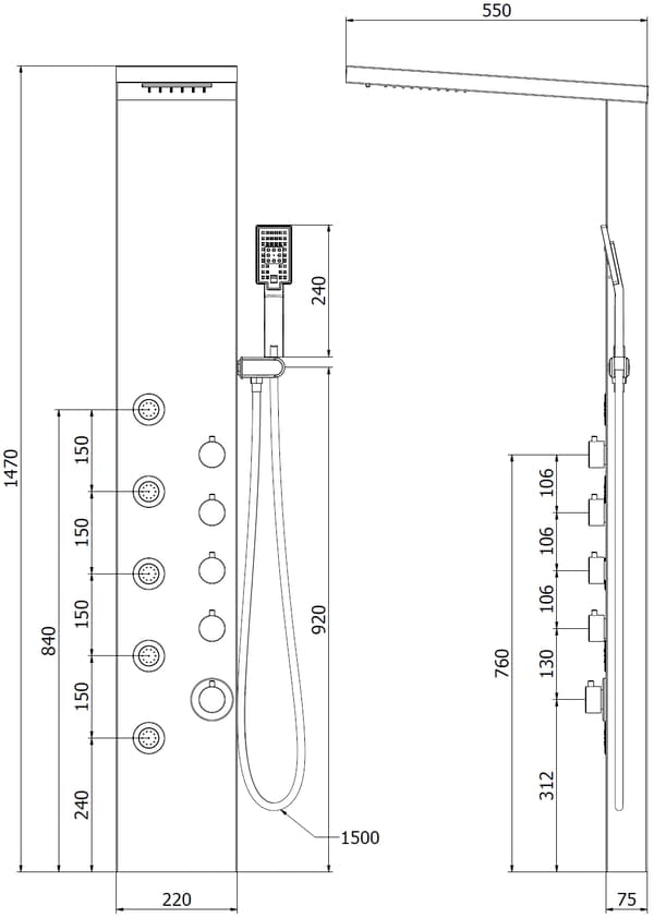 Mexen Lando duschpanel, svart - 7611-04-70