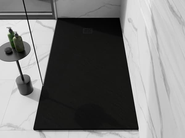 Mexen Stone+ rektangulær komposit bruserbakke 180 x 70 cm, sort, sort afdækning - 44707018-B