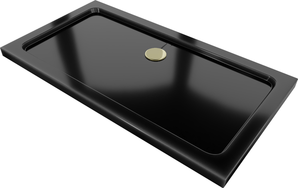 Mexen Flat rektangulær slim bruserbakke 120 x 70 cm, sort, gyldent afløb - 40707012G