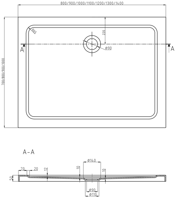 Mexen Flat rektangulär slim duschkar 110 x 70 cm, vit, krom sifon - 40107011