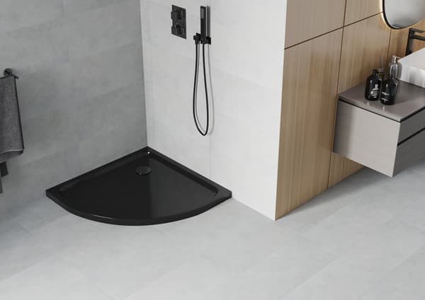 Mexen Flat halvrund brusekar slim 70 x 70 cm, sort, sort sihpon - 41707070B