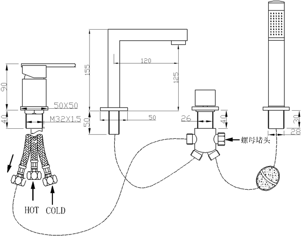 Mexen Cube badekarsarmatur, sort - 72932-70